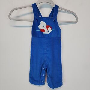 Vtg 70s Health-tex Corduroy Overalls Baby 6 Mo Blue Snap Legs Embroidered Bear